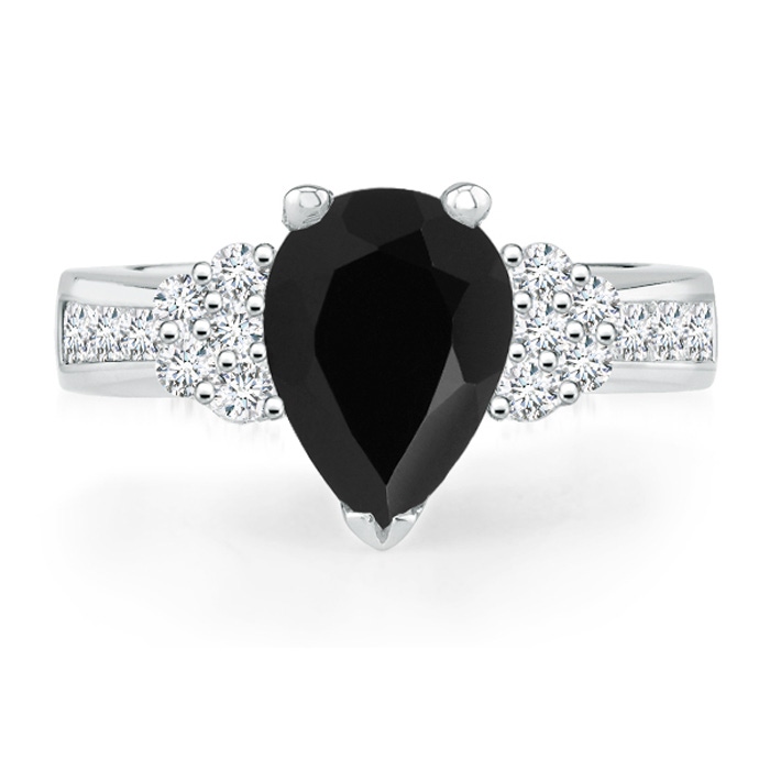 9x6mm AAA Pear Black Onyx Solitaire Ring with Diamond Accents in White Gold 