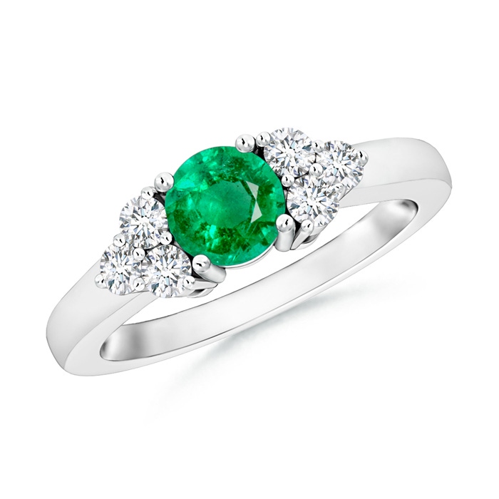 5mm AAA Round Emerald Solitaire Ring With Trio Diamonds in White Gold