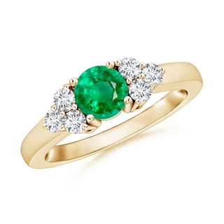 5mm AAA Round Emerald Solitaire Ring With Trio Diamonds in Yellow Gold