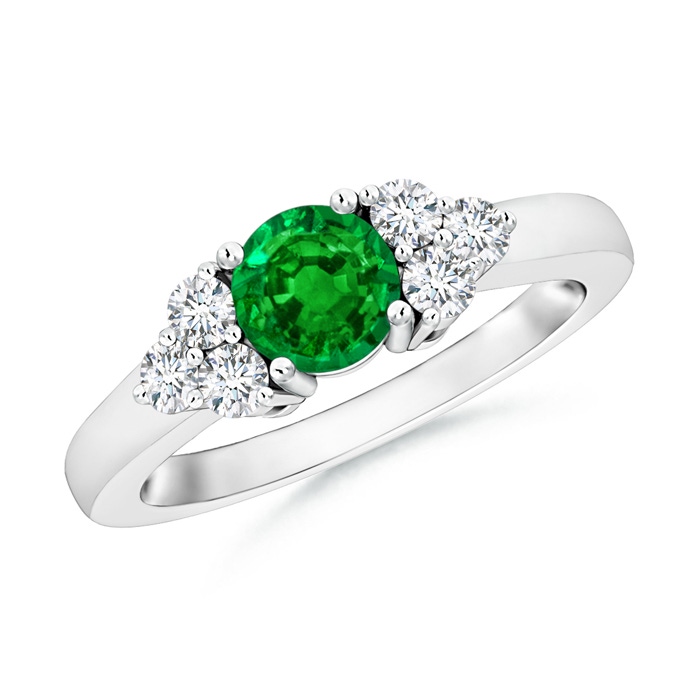 5mm AAAA Round Emerald Solitaire Ring With Trio Diamonds in S999 Silver