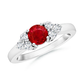 5mm AAA Round Ruby Solitaire Ring With Trio Diamonds in 9K White Gold