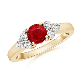 5mm AAA Round Ruby Solitaire Ring With Trio Diamonds in Yellow Gold