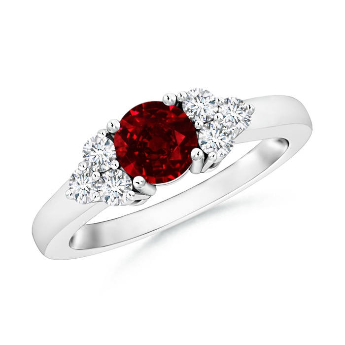 5mm AAAA Round Ruby Solitaire Ring With Trio Diamonds in P950 Platinum