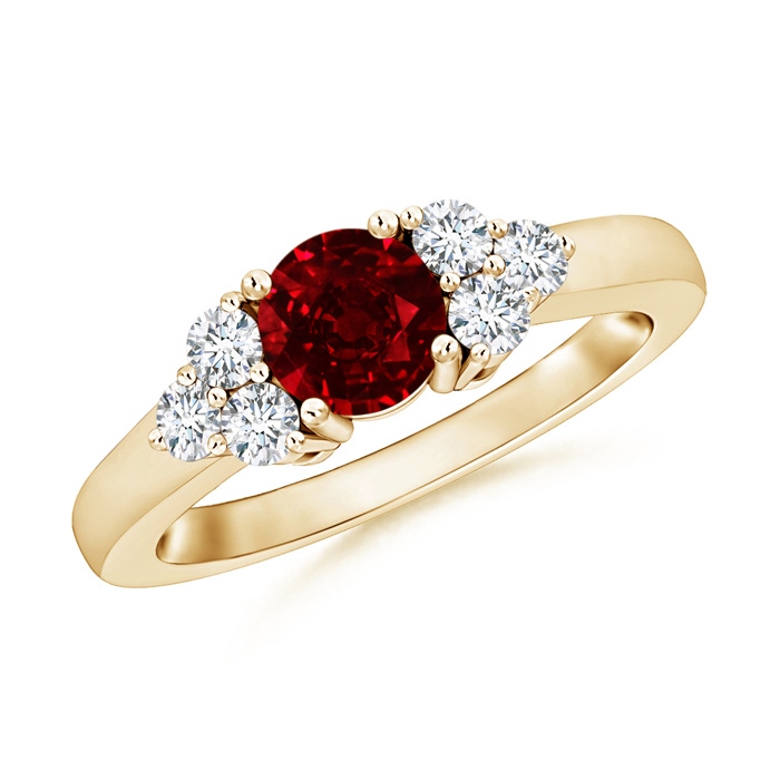 5mm AAAA Round Ruby Solitaire Ring With Trio Diamonds in Yellow Gold