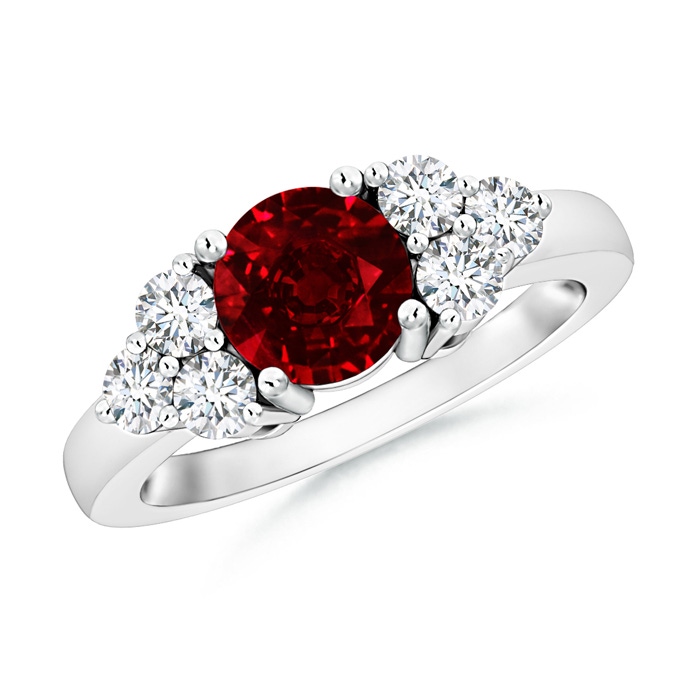 6mm AAAA Round Ruby Solitaire Ring With Trio Diamonds in White Gold 