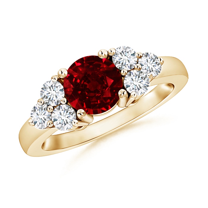 6mm Lab-Grown Round Ruby Solitaire Ring With Trio Diamonds in Yellow Gold 