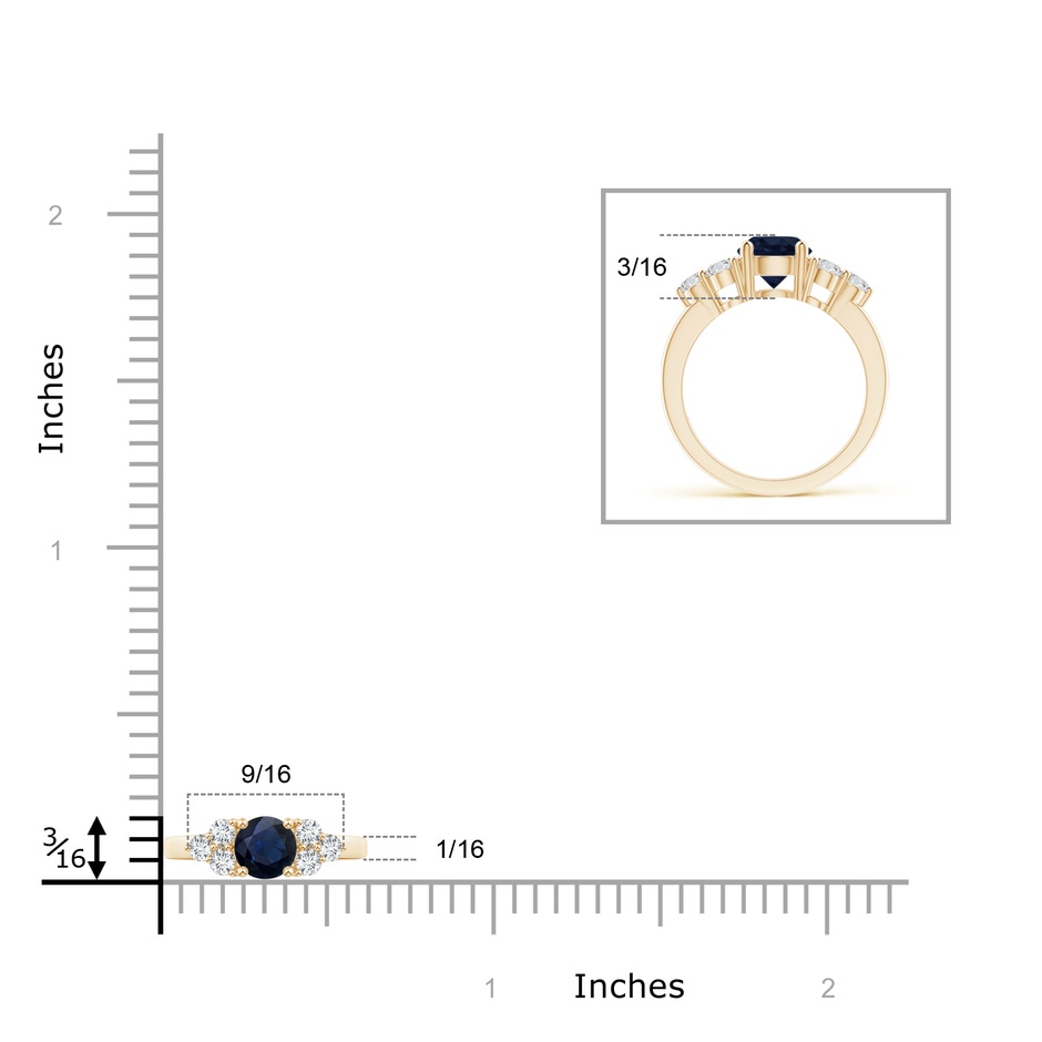 5mm A Round Sapphire Solitaire Ring With Trio Diamonds in Yellow Gold ruler