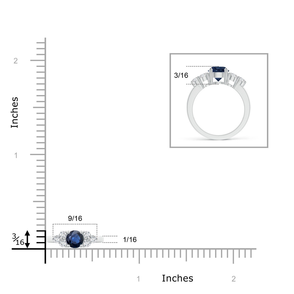 5mm AA Round Sapphire Solitaire Ring With Trio Diamonds in White Gold ruler