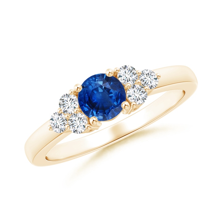 5mm AAA Round Sapphire Solitaire Ring With Trio Diamonds in Yellow Gold 