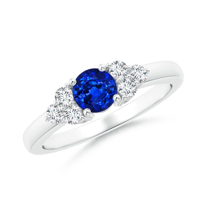 5mm AAAA Round Sapphire Solitaire Ring With Trio Diamonds in White Gold