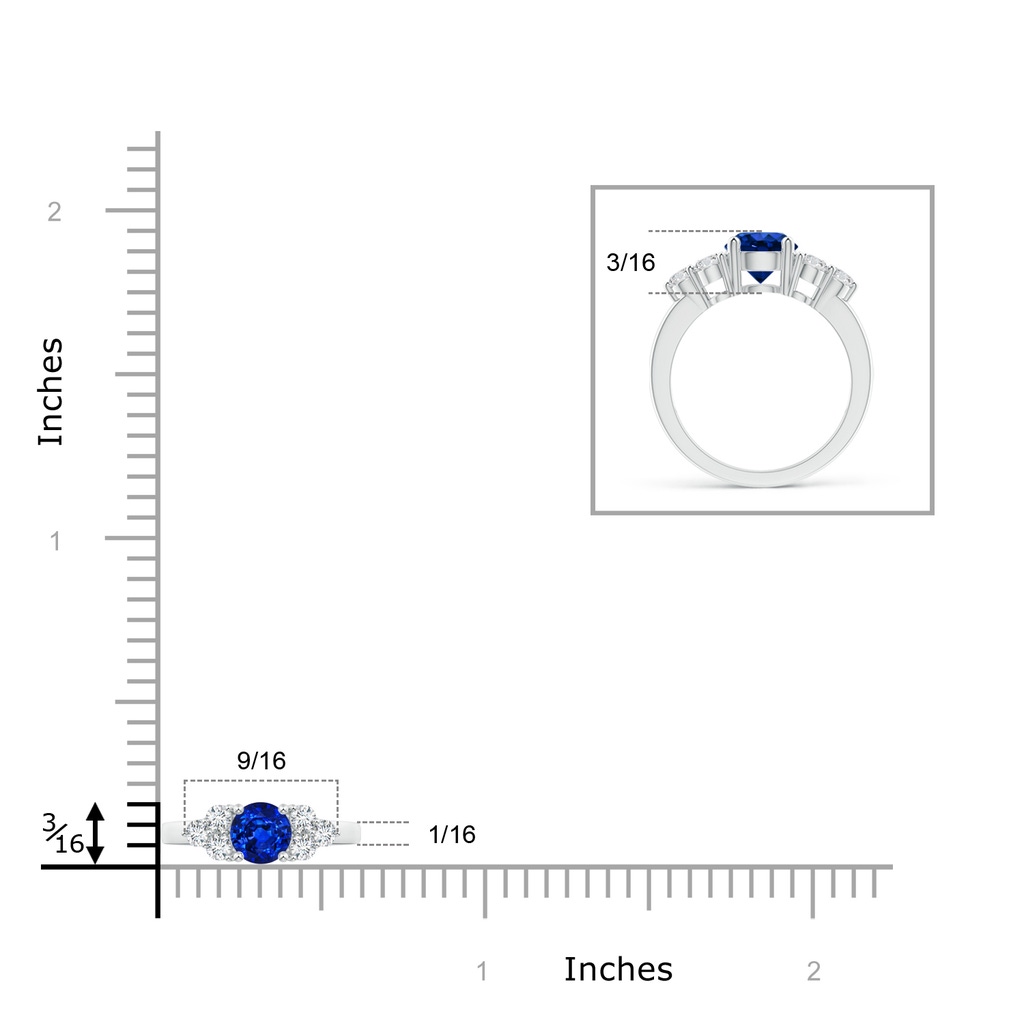 5mm AAAA Round Sapphire Solitaire Ring With Trio Diamonds in White Gold Ruler