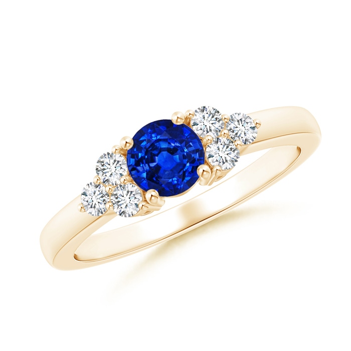 5mm AAAA Round Sapphire Solitaire Ring With Trio Diamonds in Yellow Gold