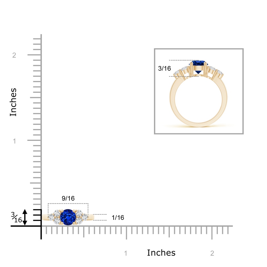 5mm Lab-Grown Round Sapphire Solitaire Ring With Trio Diamonds in Yellow Gold ruler