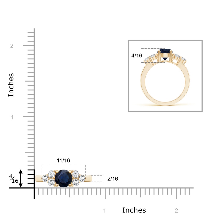 6mm A Round Sapphire Solitaire Ring With Trio Diamonds in Yellow Gold ruler