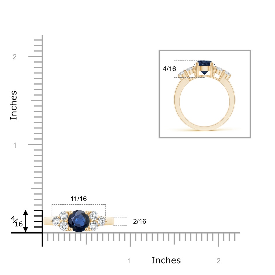 6mm AA Round Sapphire Solitaire Ring With Trio Diamonds in Yellow Gold ruler