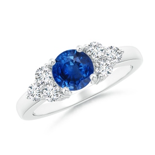 6mm AAA Round Sapphire Solitaire Ring With Trio Diamonds in White Gold