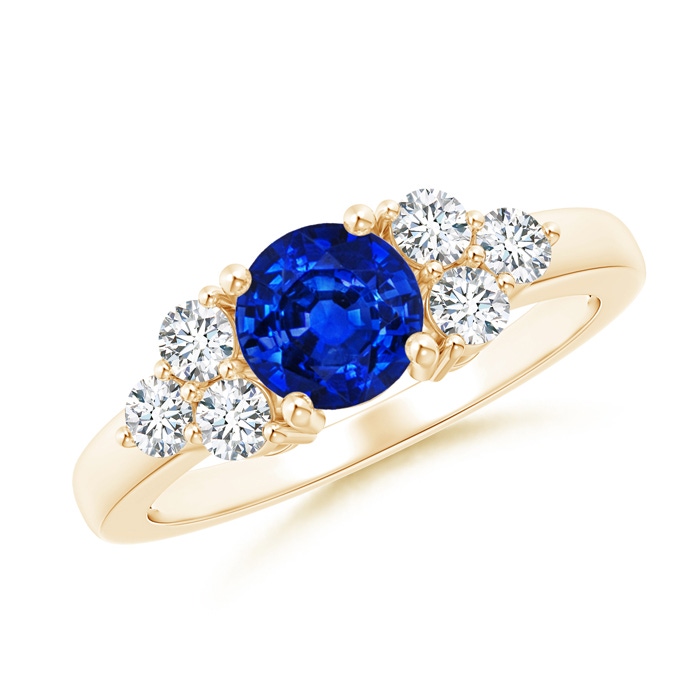 6mm AAAA Round Sapphire Solitaire Ring With Trio Diamonds in Yellow Gold 