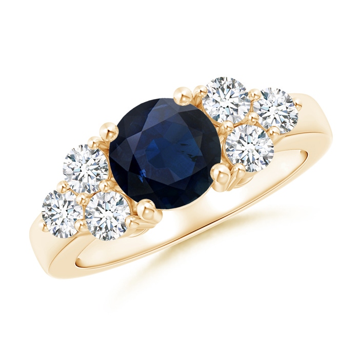7mm A Round Sapphire Solitaire Ring With Trio Diamonds in Yellow Gold 