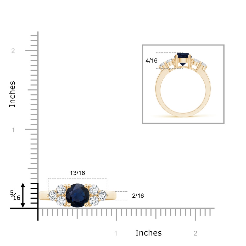7mm A Round Sapphire Solitaire Ring With Trio Diamonds in Yellow Gold ruler