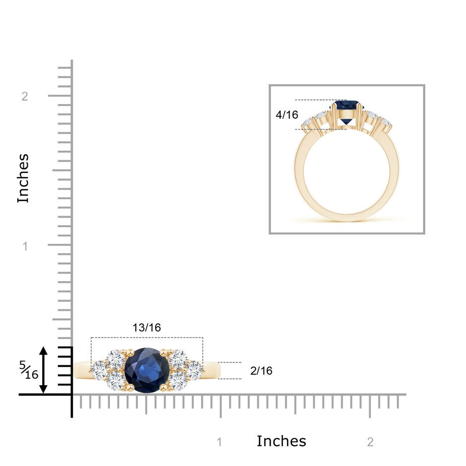 7mm AA Round Sapphire Solitaire Ring With Trio Diamonds in Yellow Gold ruler