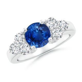 7mm AAA Round Sapphire Solitaire Ring With Trio Diamonds in 9K White Gold