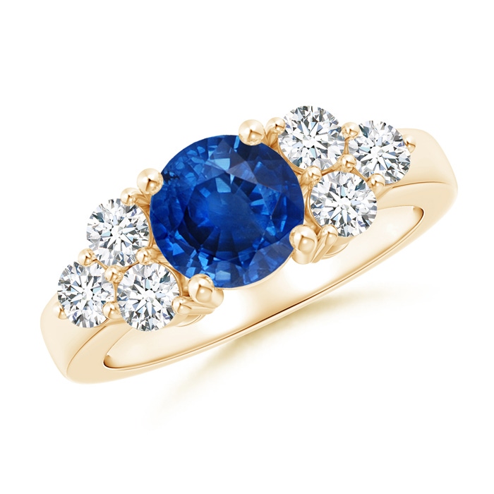 7mm AAA Round Sapphire Solitaire Ring With Trio Diamonds in Yellow Gold 