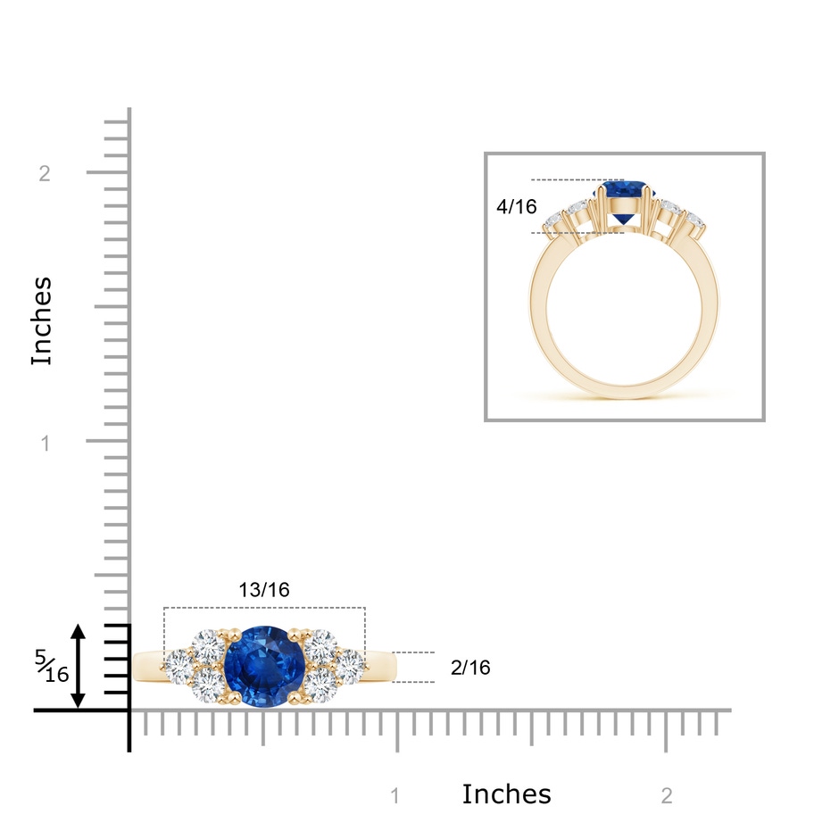 7mm AAA Round Sapphire Solitaire Ring With Trio Diamonds in Yellow Gold ruler