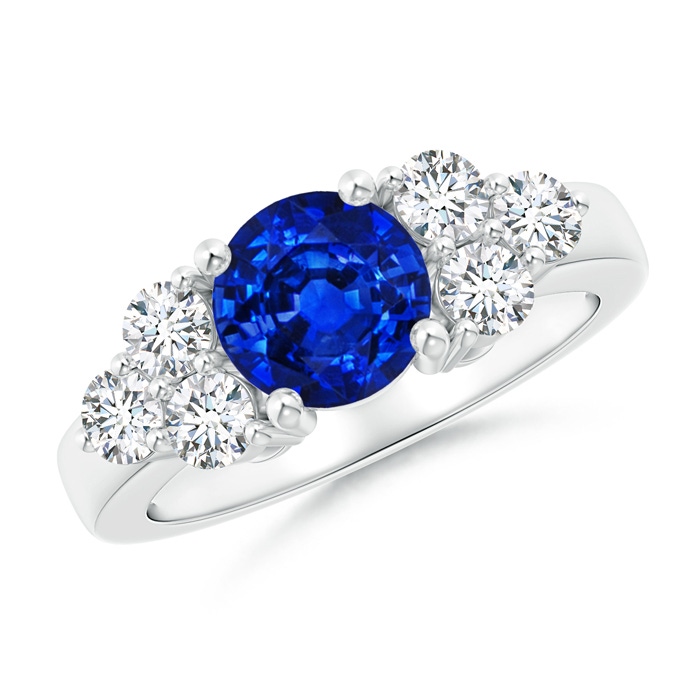 7mm Lab-Grown Round Sapphire Solitaire Ring With Trio Diamonds in White Gold 