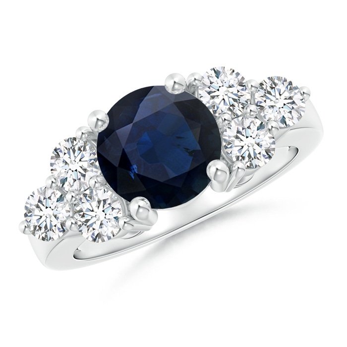 8mm A Round Sapphire Solitaire Ring With Trio Diamonds in White Gold 