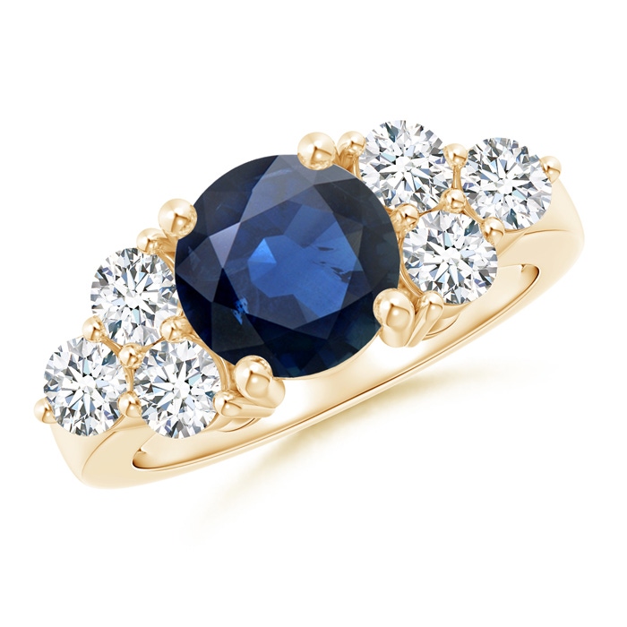 8mm AA Round Sapphire Solitaire Ring With Trio Diamonds in Yellow Gold 