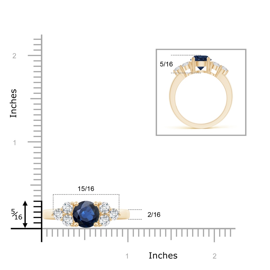 8mm AA Round Sapphire Solitaire Ring With Trio Diamonds in Yellow Gold ruler