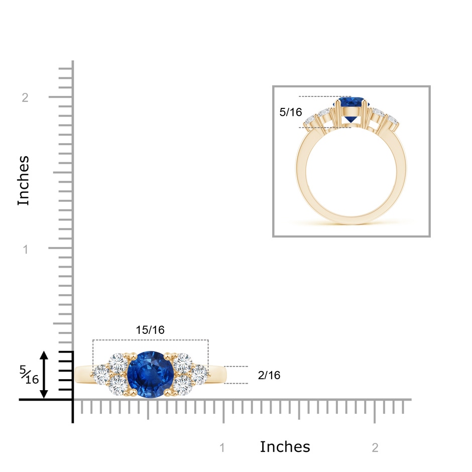8mm AAA Round Sapphire Solitaire Ring With Trio Diamonds in Yellow Gold ruler