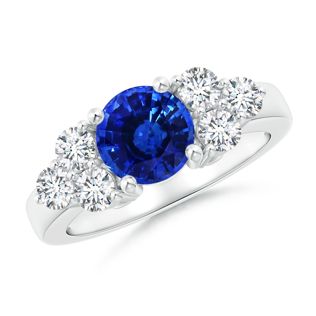 7.04x6.98x4.33mm AAA GIA Certified Round Blue Sapphire Ring with Trio Diamonds in 18K White Gold