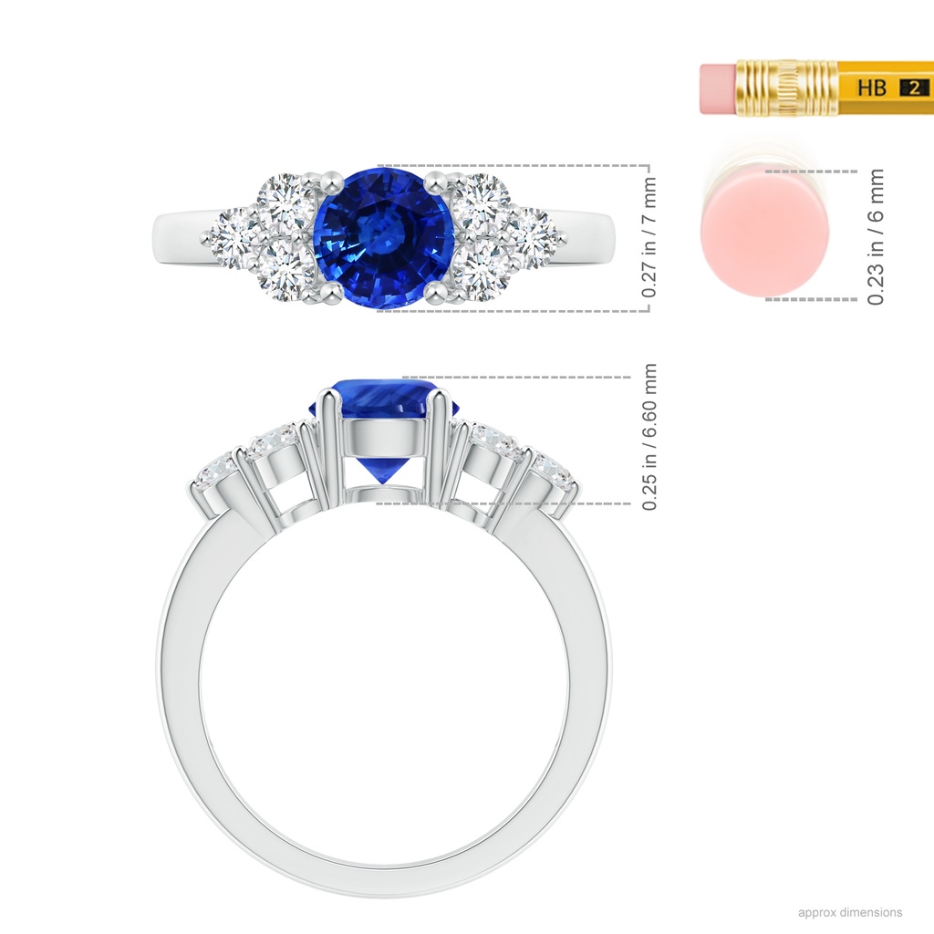 7.04x6.98x4.33mm AAA GIA Certified Round Blue Sapphire Ring with Trio Diamonds in 18K White Gold Ruler