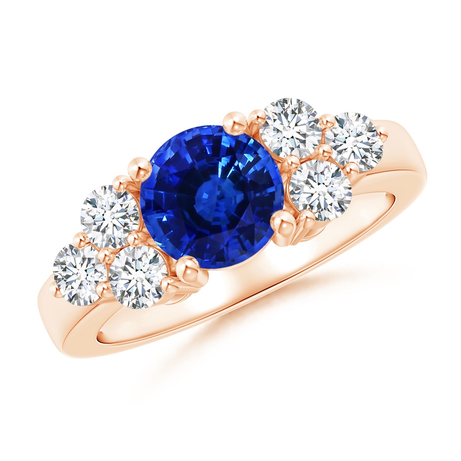 7.04x6.98x4.33mm AAA GIA Certified Round Blue Sapphire Ring with Trio Diamonds in Rose Gold 