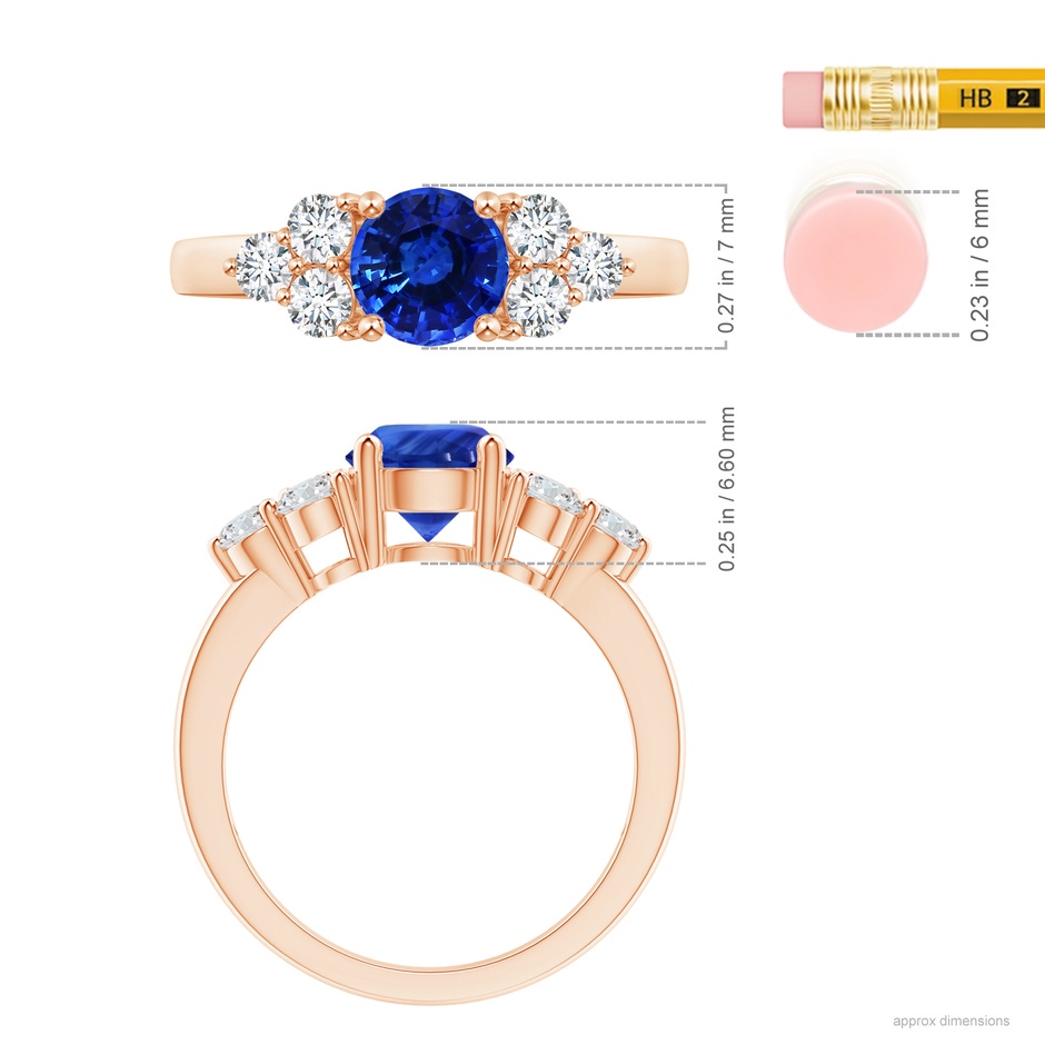 7.04x6.98x4.33mm AAA GIA Certified Round Blue Sapphire Ring with Trio Diamonds in Rose Gold ruler