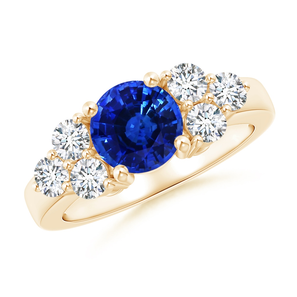 7.04x6.98x4.33mm AAA GIA Certified Round Blue Sapphire Ring with Trio Diamonds in Yellow Gold