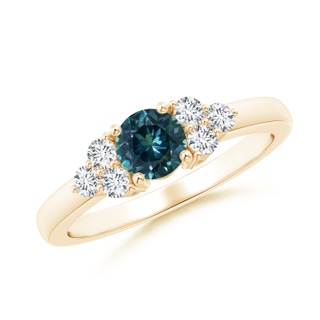 5mm AAA Round Teal Montana Sapphire Solitaire Ring With Trio Diamonds in Yellow Gold