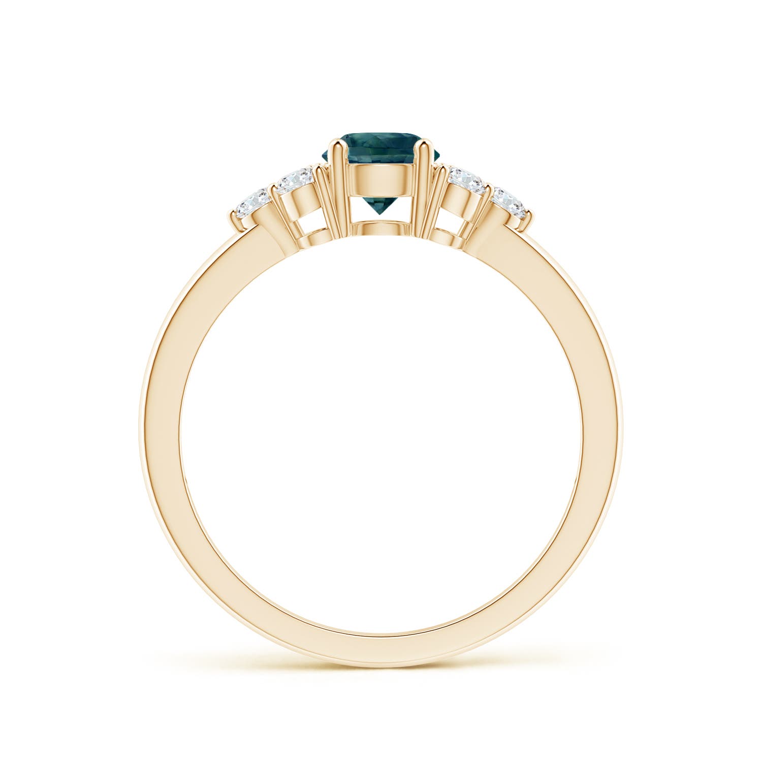 5mm AAA Round Teal Montana Sapphire Solitaire Ring With Trio Diamonds in Yellow Gold