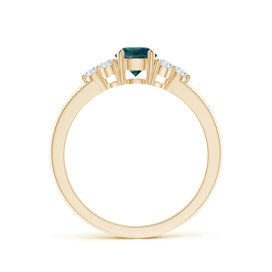 5mm AAA Round Teal Montana Sapphire Solitaire Ring With Trio Diamonds in Yellow Gold - side 2