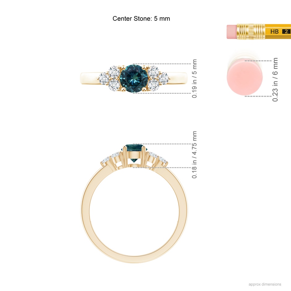 5mm AAA Round Teal Montana Sapphire Solitaire Ring With Trio Diamonds in Yellow Gold ruler