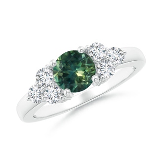 6mm AA Round Teal Montana Sapphire Solitaire Ring With Trio Diamonds in P950 Platinum