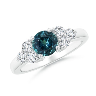 6mm AAA Round Teal Montana Sapphire Solitaire Ring With Trio Diamonds in White Gold