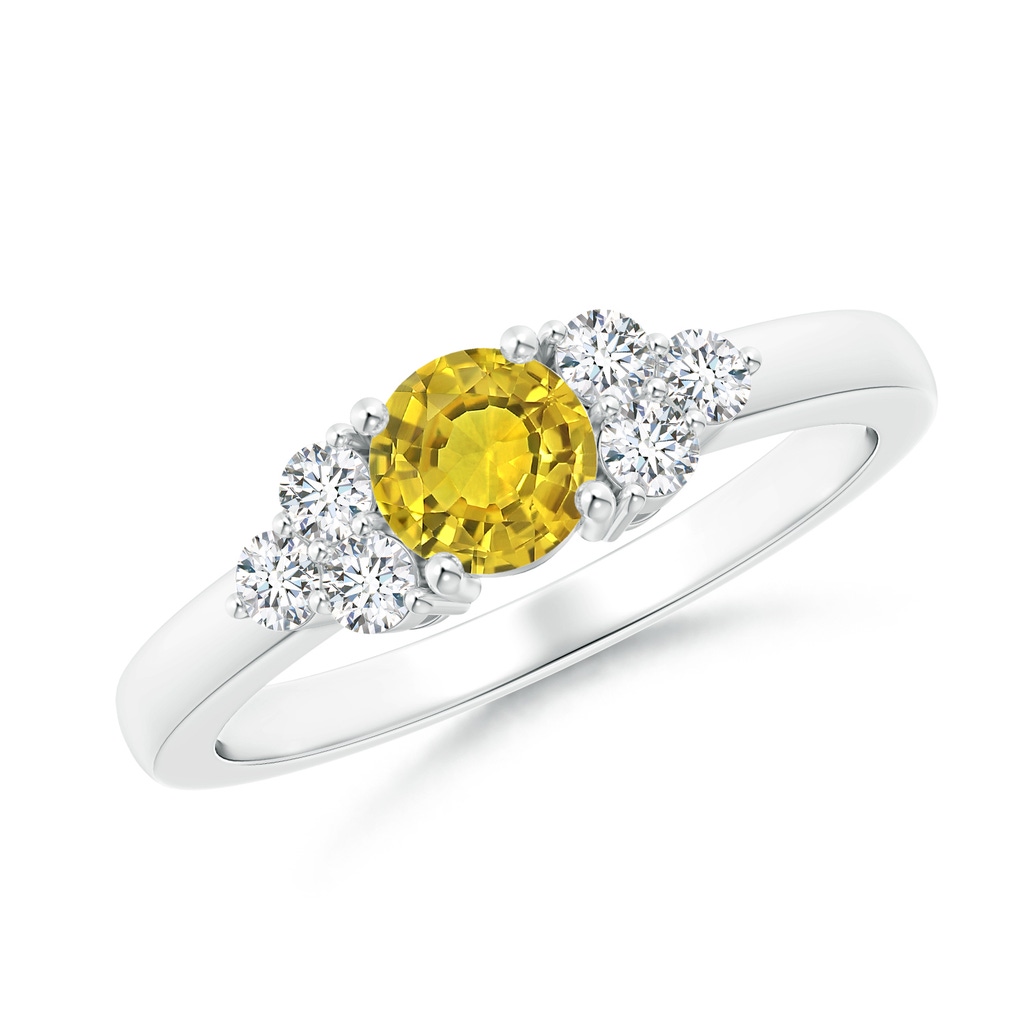 5mm AAAA Round Yellow Sapphire Solitaire Ring With Trio Diamonds in White Gold 