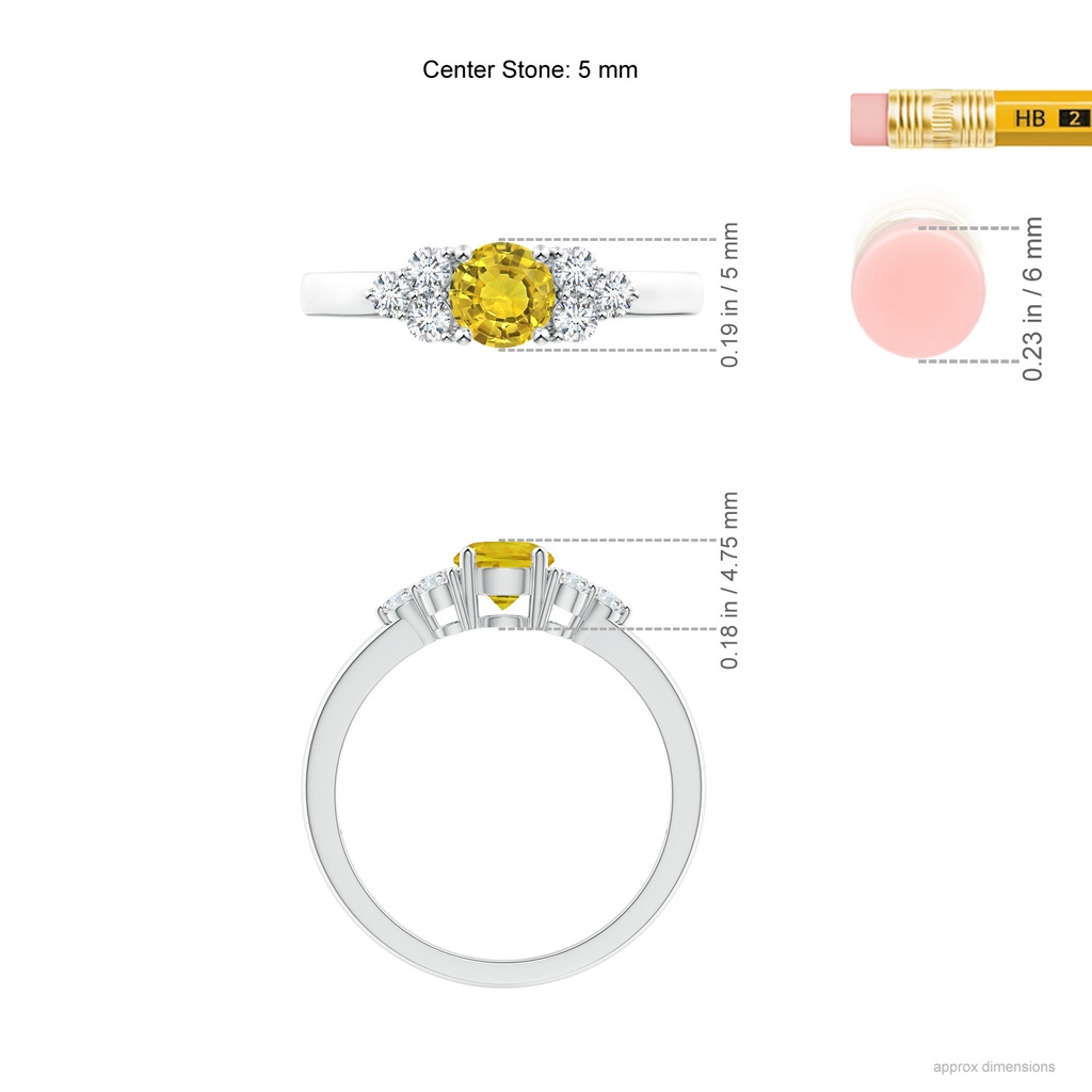 5mm AAAA Round Yellow Sapphire Solitaire Ring With Trio Diamonds in White Gold Ruler