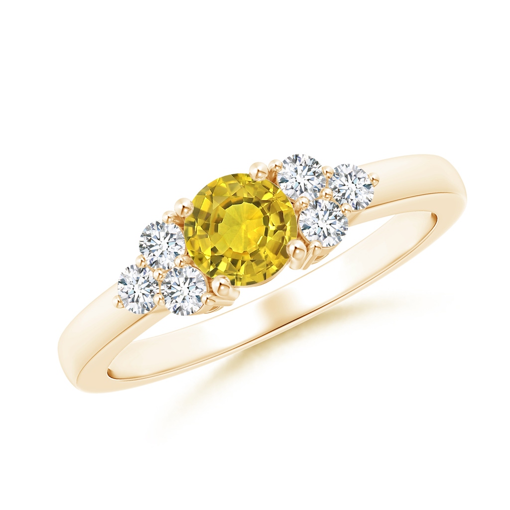 5mm AAAA Round Yellow Sapphire Solitaire Ring With Trio Diamonds in Yellow Gold