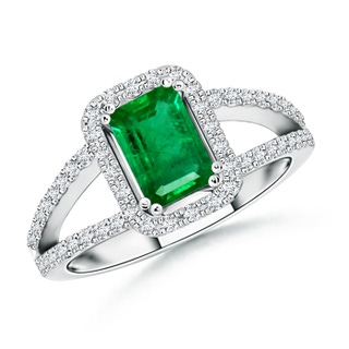7x5mm AAA Split Shank Emerald Halo Ring with Diamond Accents in White Gold