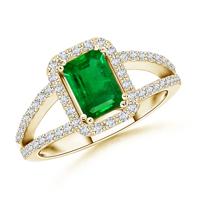 7x5mm AAAA Split Shank Emerald Halo Ring with Diamond Accents in Yellow Gold