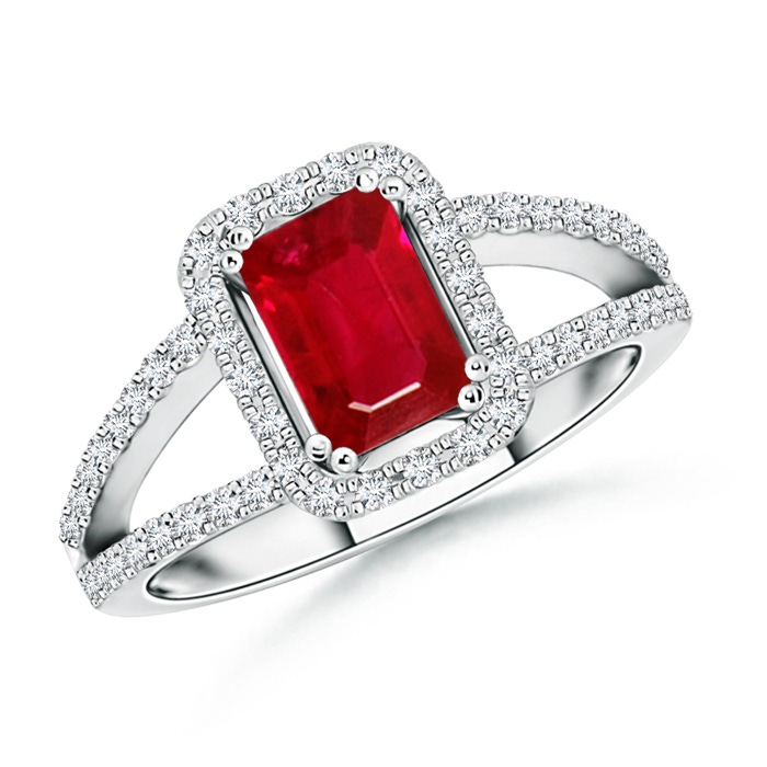 7x5mm AAA Split Shank Ruby Halo Ring with Diamond Accents in White Gold