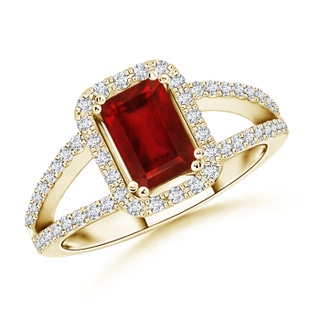 7x5mm AAAA Split Shank Ruby Halo Ring with Diamond Accents in 9K Yellow Gold